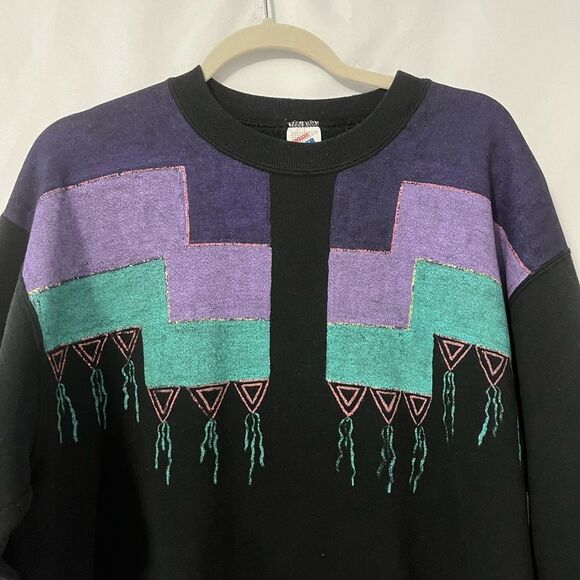 🟢Vintage Jerzees Black Crew Neck Sweater Pastel Print Size XL - Picture 5 of 5